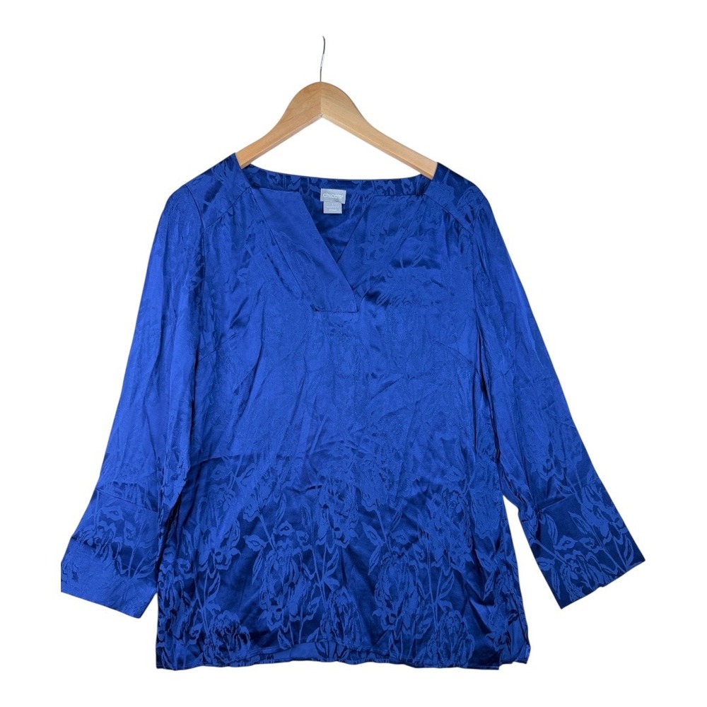 Chico's Satin Long Sleeve Blouse Size‎ Medium (8/10) Blue